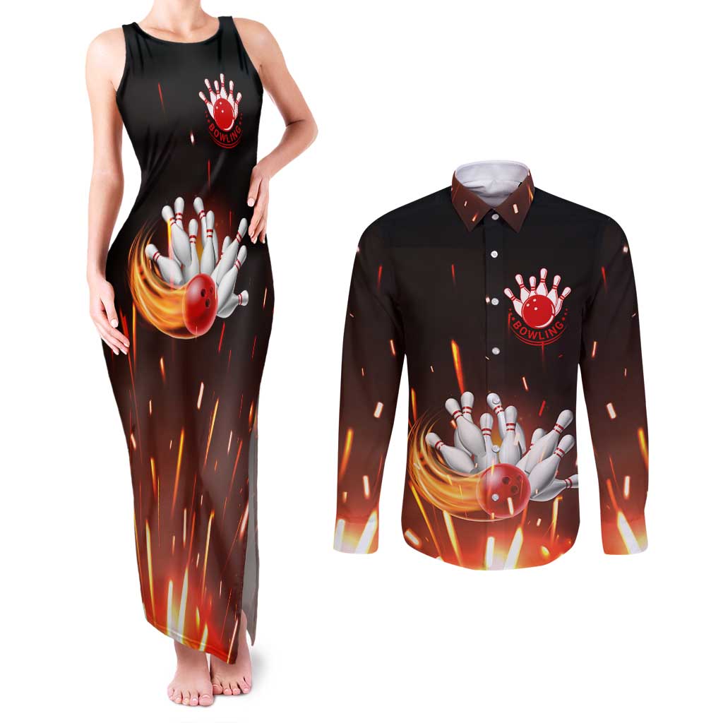 Personalized Bowling Ball and Pins Couples Matching Tank Maxi Dress and Long Sleeve Button Shirt Fiery Motion Trail and Spark Effect Design - Wonder Print Shop