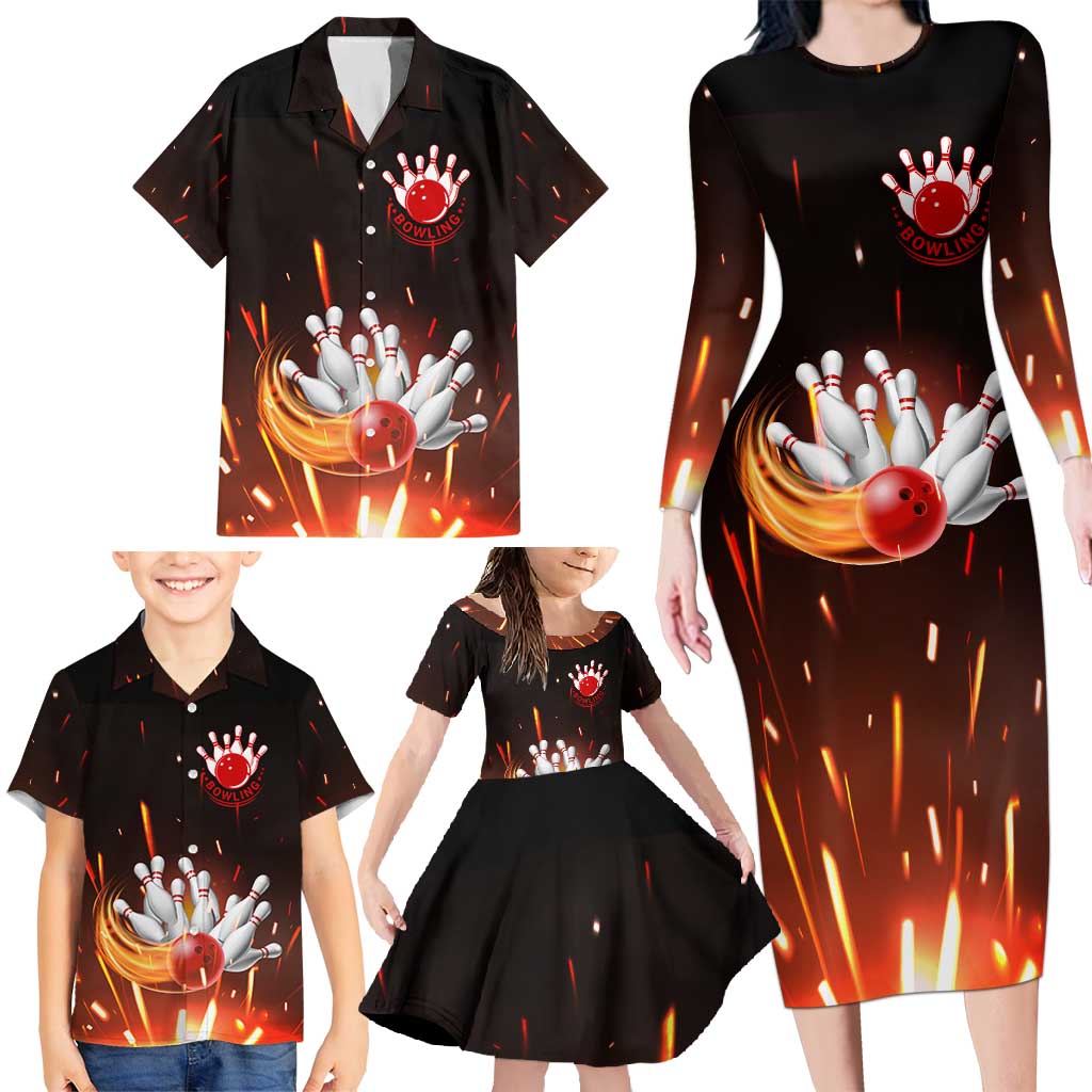 Personalized Bowling Ball and Pins Family Matching Long Sleeve Bodycon Dress and Hawaiian Shirt Fiery Motion Trail and Spark Effect Design - Wonder Print Shop