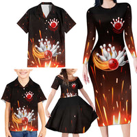 Personalized Bowling Ball and Pins Family Matching Long Sleeve Bodycon Dress and Hawaiian Shirt Fiery Motion Trail and Spark Effect Design - Wonder Print Shop