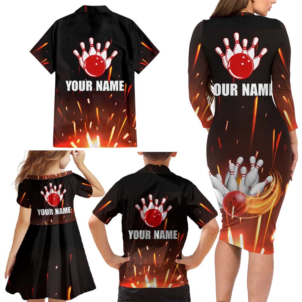 Personalized Bowling Ball and Pins Family Matching Long Sleeve Bodycon Dress and Hawaiian Shirt Fiery Motion Trail and Spark Effect Design - Wonder Print Shop