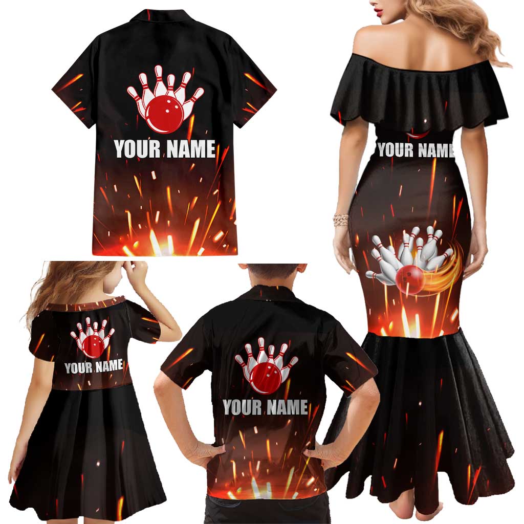 Personalized Bowling Ball and Pins Family Matching Mermaid Dress and Hawaiian Shirt Fiery Motion Trail and Spark Effect Design - Wonder Print Shop