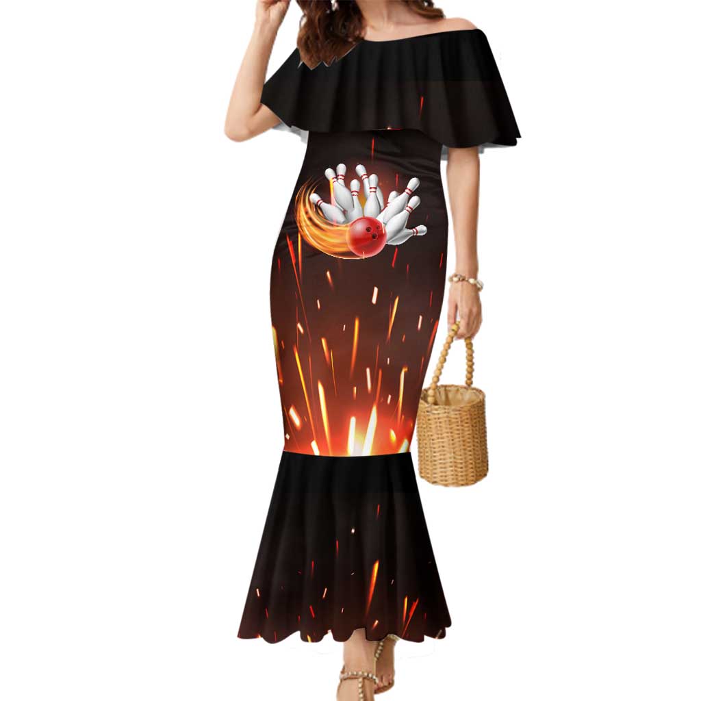 Personalized Bowling Ball and Pins Family Matching Mermaid Dress and Hawaiian Shirt Fiery Motion Trail and Spark Effect Design - Wonder Print Shop