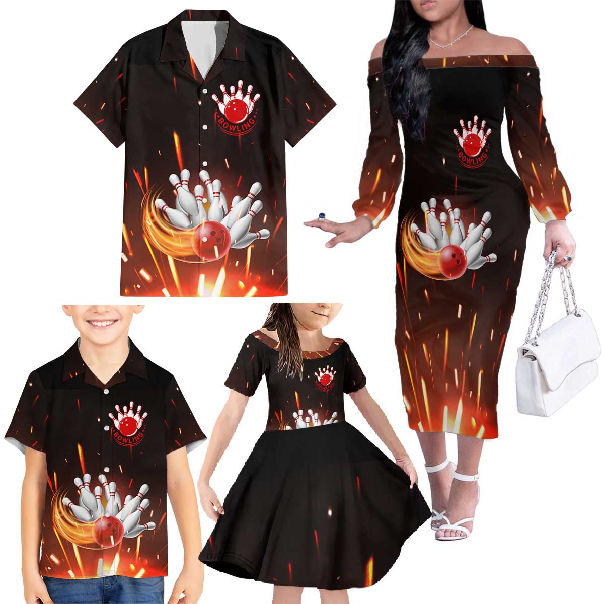 Personalized Bowling Ball and Pins Family Matching Off The Shoulder Long Sleeve Dress and Hawaiian Shirt Fiery Motion Trail and Spark Effect Design - Wonder Print Shop