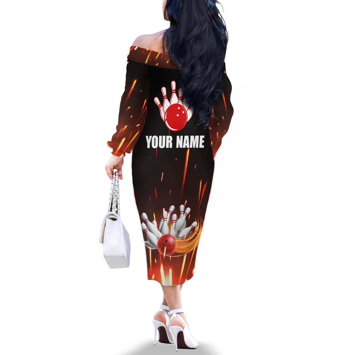 Personalized Bowling Ball and Pins Family Matching Off The Shoulder Long Sleeve Dress and Hawaiian Shirt Fiery Motion Trail and Spark Effect Design - Wonder Print Shop