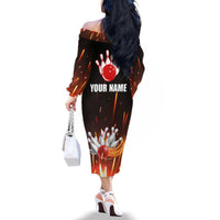 Personalized Bowling Ball and Pins Family Matching Off The Shoulder Long Sleeve Dress and Hawaiian Shirt Fiery Motion Trail and Spark Effect Design - Wonder Print Shop