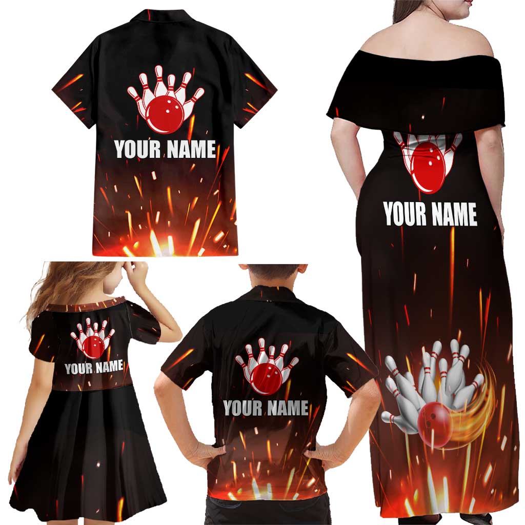 Personalized Bowling Ball and Pins Family Matching Off Shoulder Maxi Dress and Hawaiian Shirt Fiery Motion Trail and Spark Effect Design - Wonder Print Shop