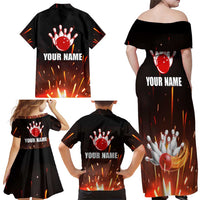 Personalized Bowling Ball and Pins Family Matching Off Shoulder Maxi Dress and Hawaiian Shirt Fiery Motion Trail and Spark Effect Design - Wonder Print Shop