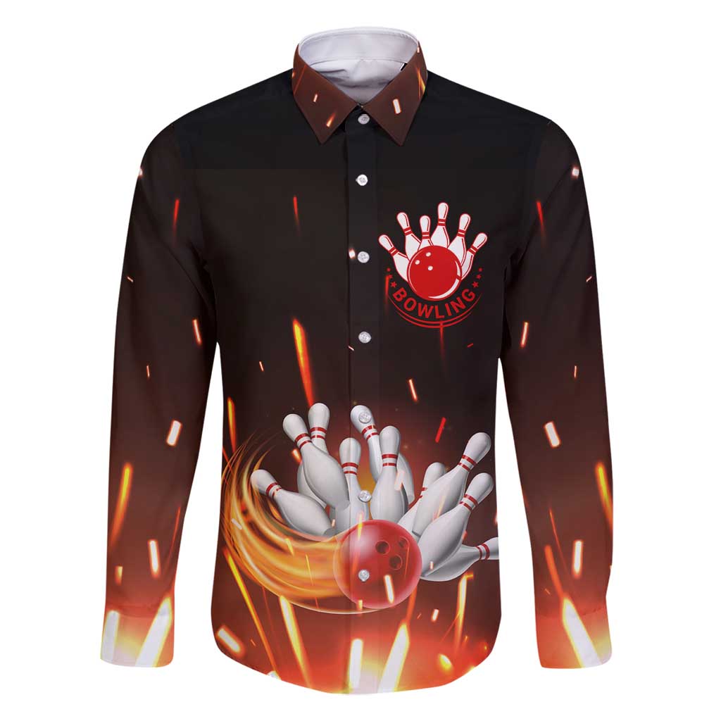 Personalized Bowling Ball and Pins Family Matching Off Shoulder Maxi Dress and Hawaiian Shirt Fiery Motion Trail and Spark Effect Design - Wonder Print Shop