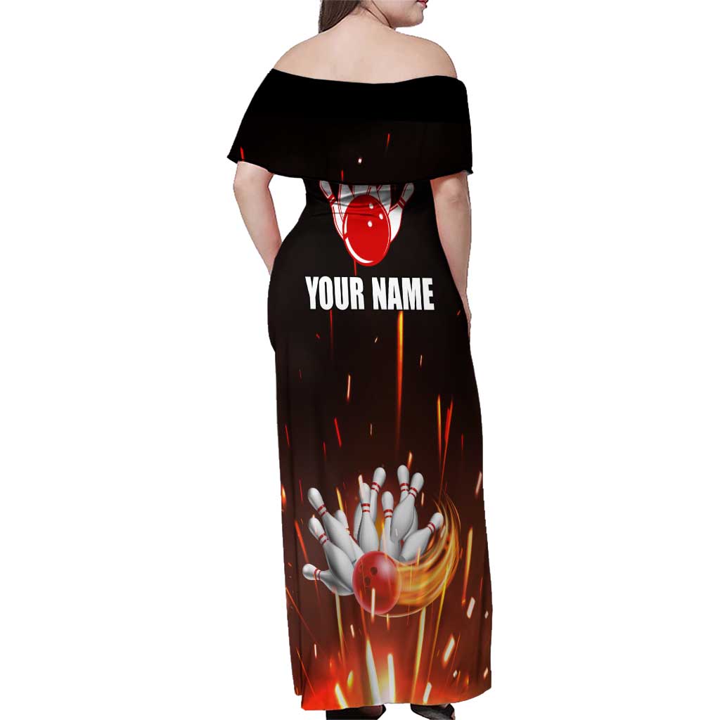 Personalized Bowling Ball and Pins Family Matching Off Shoulder Maxi Dress and Hawaiian Shirt Fiery Motion Trail and Spark Effect Design - Wonder Print Shop