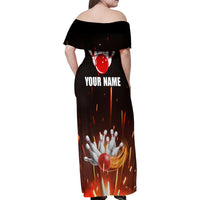 Personalized Bowling Ball and Pins Family Matching Off Shoulder Maxi Dress and Hawaiian Shirt Fiery Motion Trail and Spark Effect Design - Wonder Print Shop