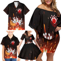 Personalized Bowling Ball and Pins Family Matching Off Shoulder Short Dress and Hawaiian Shirt Fiery Motion Trail and Spark Effect Design - Wonder Print Shop
