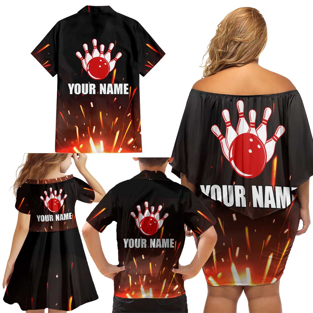 Personalized Bowling Ball and Pins Family Matching Off Shoulder Short Dress and Hawaiian Shirt Fiery Motion Trail and Spark Effect Design - Wonder Print Shop