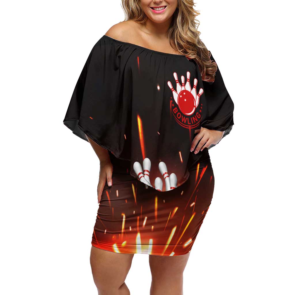 Personalized Bowling Ball and Pins Family Matching Off Shoulder Short Dress and Hawaiian Shirt Fiery Motion Trail and Spark Effect Design - Wonder Print Shop