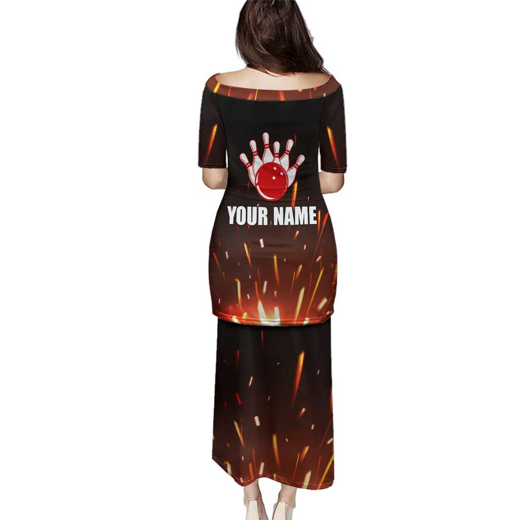 Personalized Bowling Ball and Pins Family Matching Puletasi and Hawaiian Shirt Fiery Motion Trail and Spark Effect Design - Wonder Print Shop