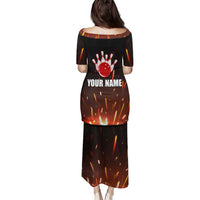 Personalized Bowling Ball and Pins Family Matching Puletasi and Hawaiian Shirt Fiery Motion Trail and Spark Effect Design - Wonder Print Shop