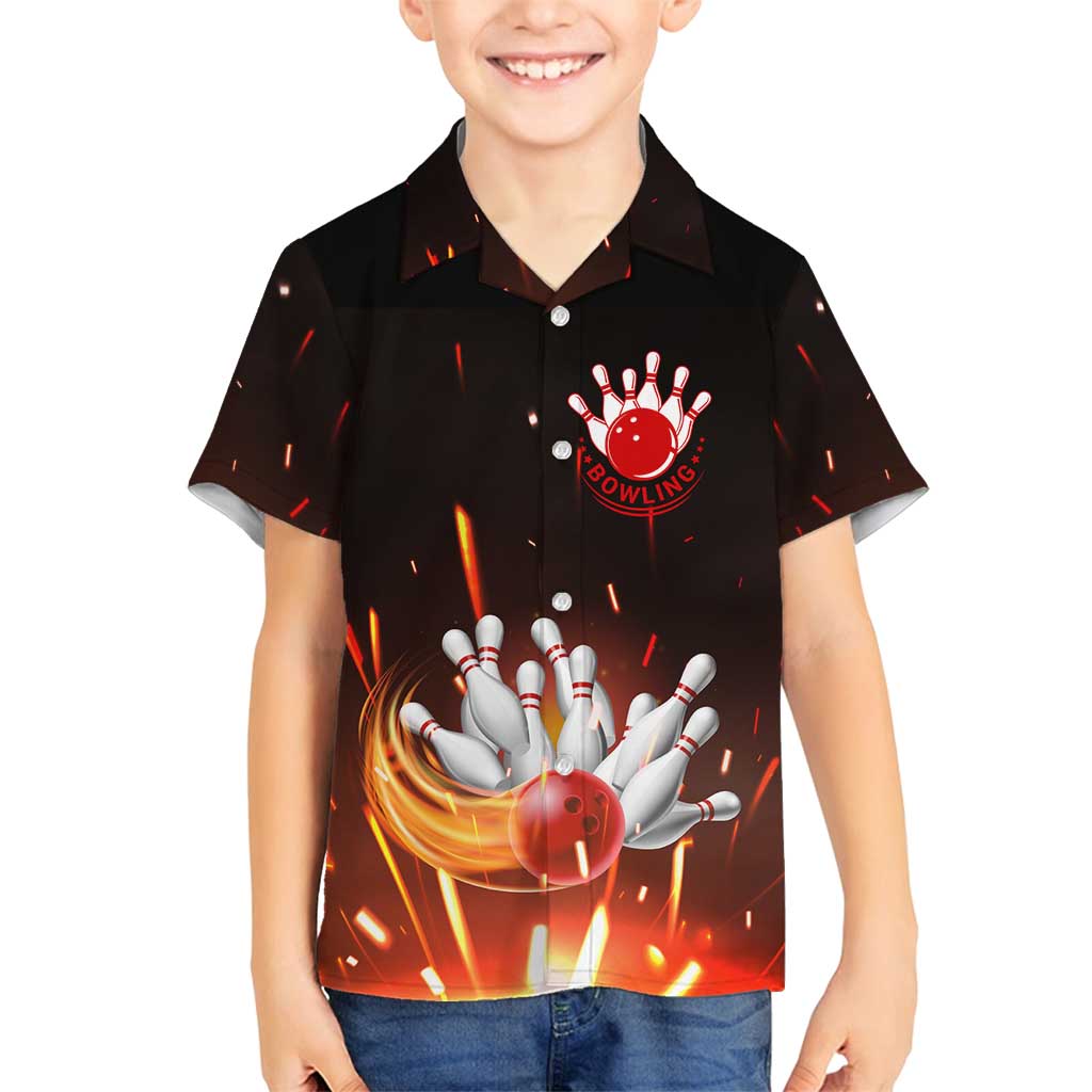 Personalized Bowling Ball and Pins Family Matching Puletasi and Hawaiian Shirt Fiery Motion Trail and Spark Effect Design - Wonder Print Shop