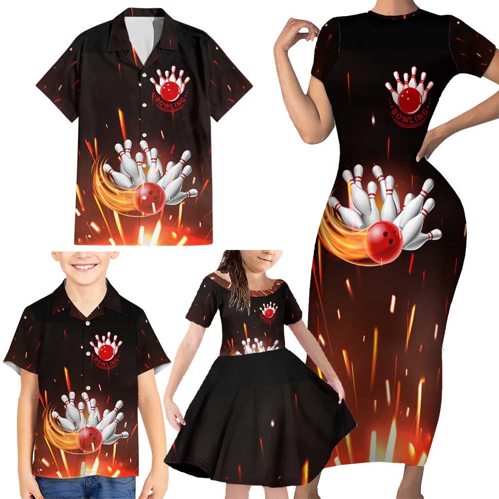 Personalized Bowling Ball and Pins Family Matching Short Sleeve Bodycon Dress and Hawaiian Shirt Fiery Motion Trail and Spark Effect Design - Wonder Print Shop