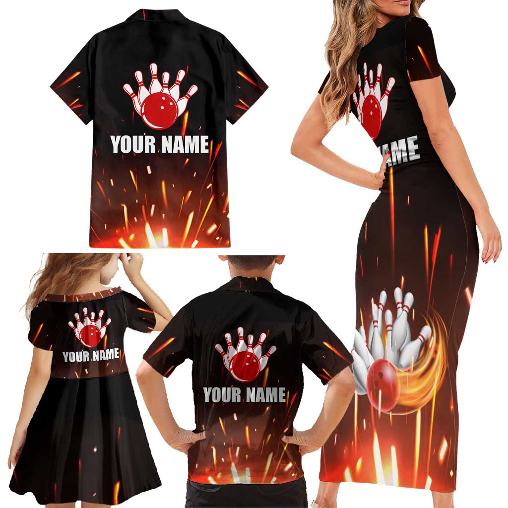 Personalized Bowling Ball and Pins Family Matching Short Sleeve Bodycon Dress and Hawaiian Shirt Fiery Motion Trail and Spark Effect Design - Wonder Print Shop