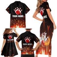 Personalized Bowling Ball and Pins Family Matching Short Sleeve Bodycon Dress and Hawaiian Shirt Fiery Motion Trail and Spark Effect Design - Wonder Print Shop