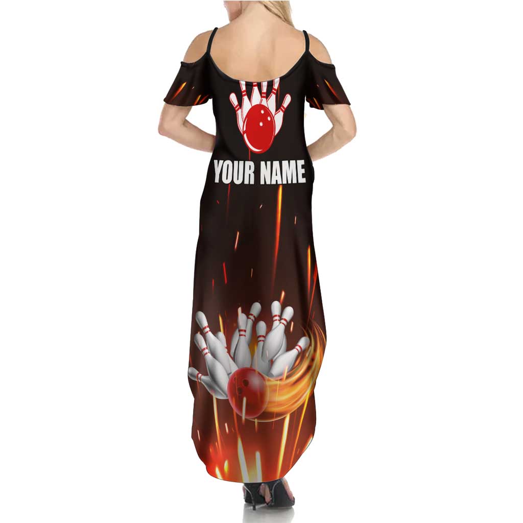 Personalized Bowling Ball and Pins Family Matching Summer Maxi Dress and Hawaiian Shirt Fiery Motion Trail and Spark Effect Design - Wonder Print Shop