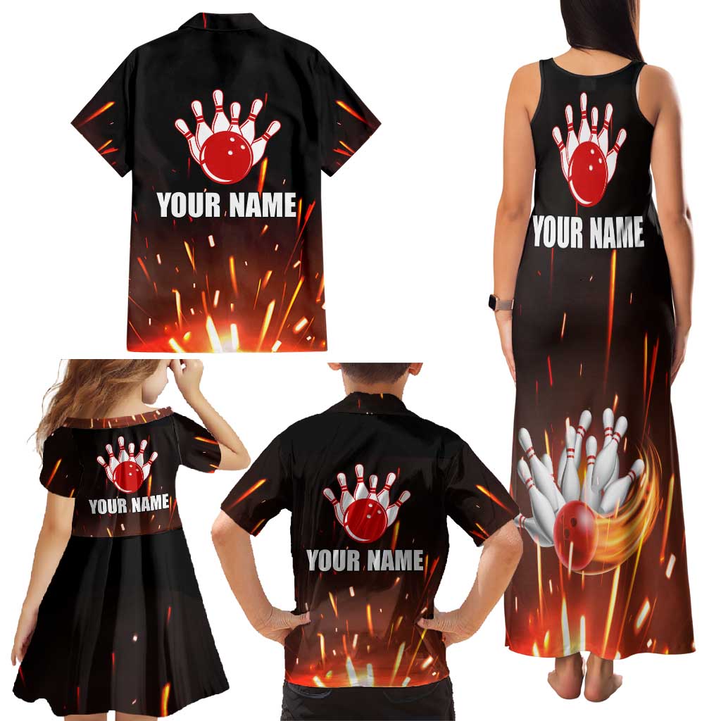 Personalized Bowling Ball and Pins Family Matching Tank Maxi Dress and Hawaiian Shirt Fiery Motion Trail and Spark Effect Design - Wonder Print Shop