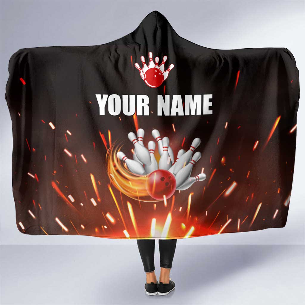 Personalized Bowling Ball and Pins Hooded Blanket Fiery Motion Trail and Spark Effect Design - Wonder Print Shop