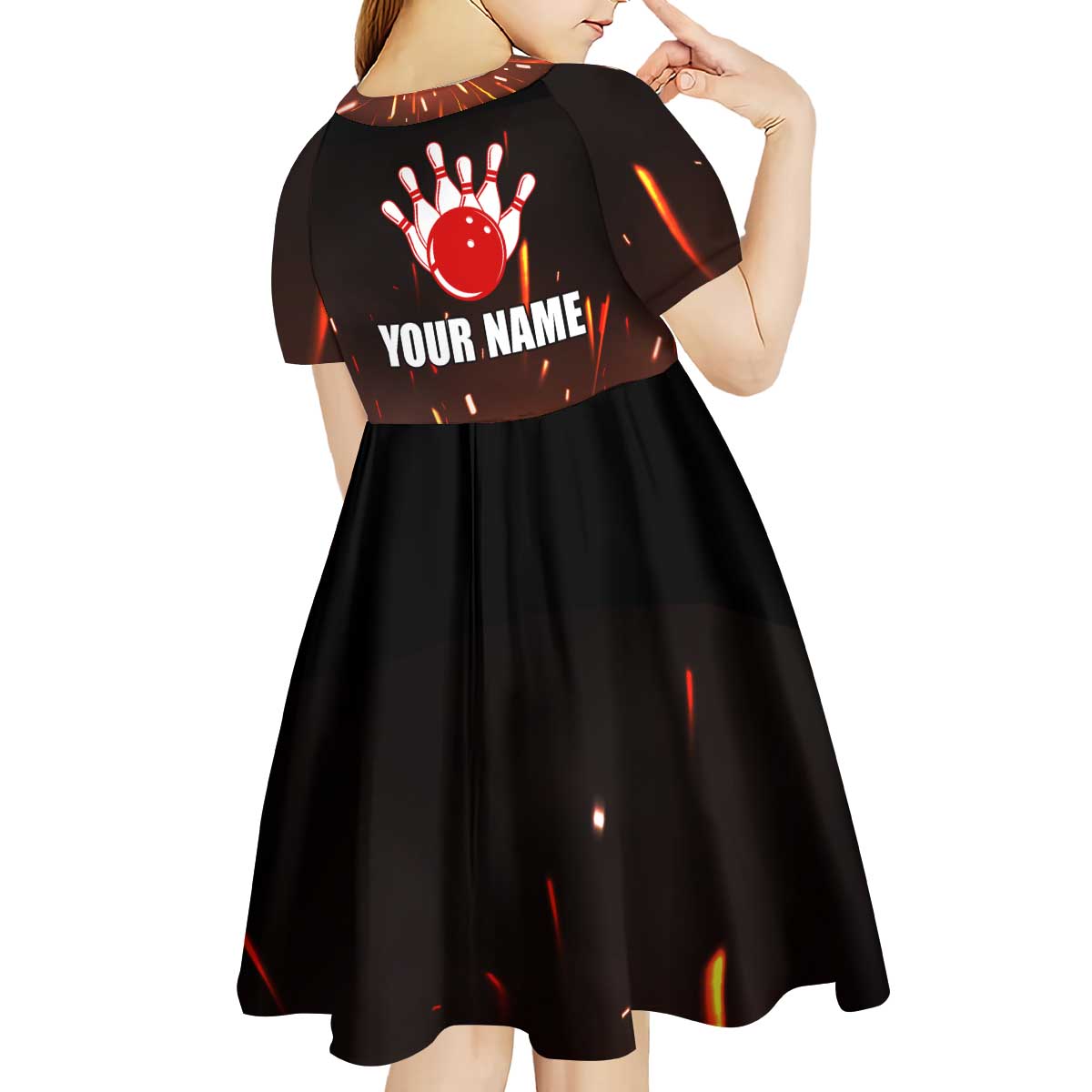 Personalized Bowling Ball and Pins Kid Short Sleeve Dress Fiery Motion Trail and Spark Effect Design - Wonder Print Shop
