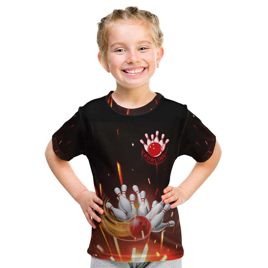 Personalized Bowling Ball and Pins Kid T Shirt Fiery Motion Trail and Spark Effect Design - Wonder Print Shop