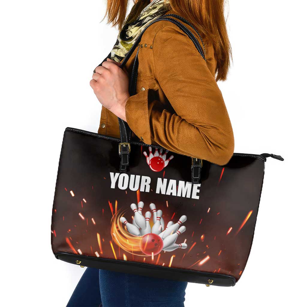 Personalized Bowling Ball and Pins Leather Tote Bag Fiery Motion Trail and Spark Effect Design - Wonder Print Shop