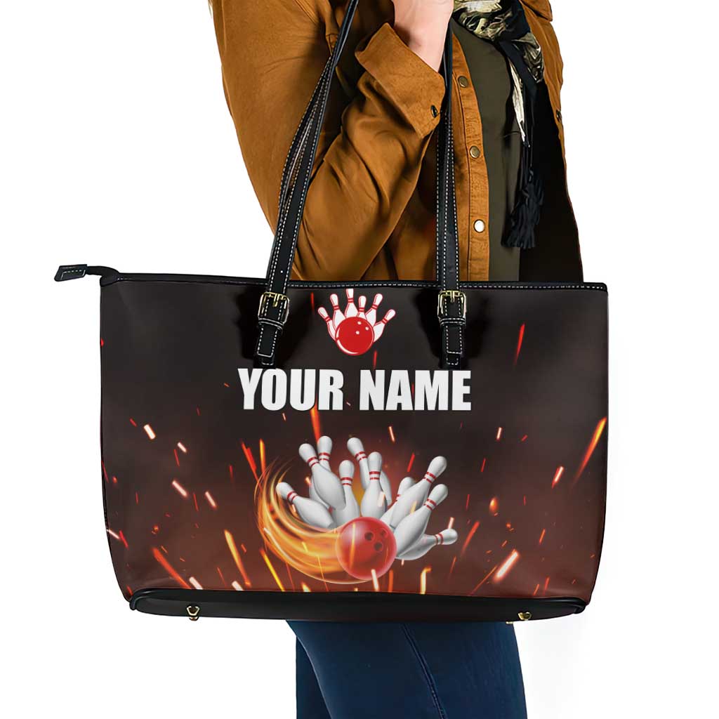 Personalized Bowling Ball and Pins Leather Tote Bag Fiery Motion Trail and Spark Effect Design - Wonder Print Shop