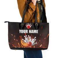 Personalized Bowling Ball and Pins Leather Tote Bag Fiery Motion Trail and Spark Effect Design - Wonder Print Shop