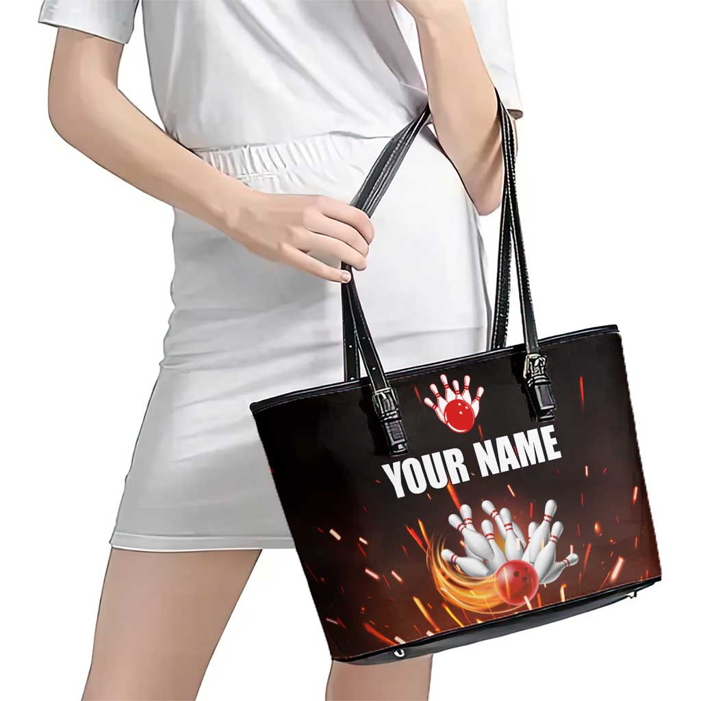 Personalized Bowling Ball and Pins Leather Tote Bag Fiery Motion Trail and Spark Effect Design - Wonder Print Shop