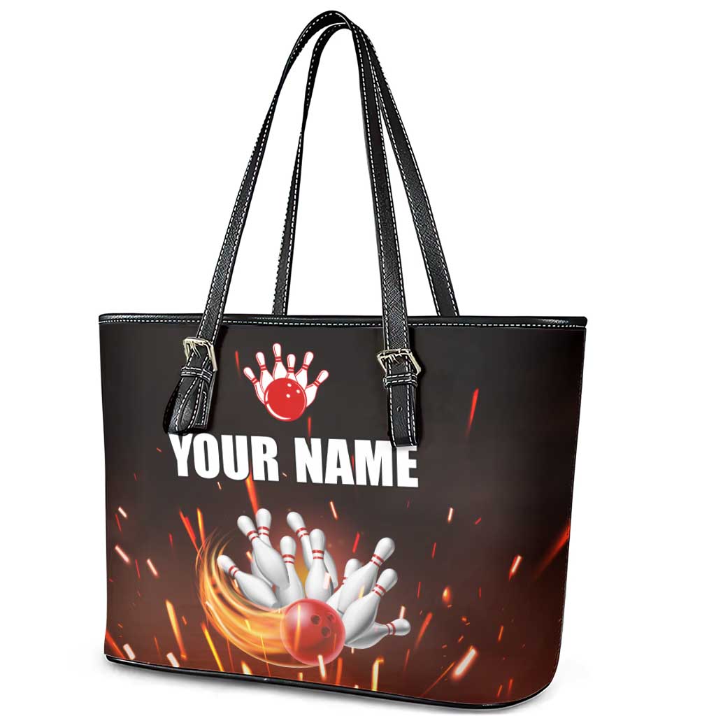 Personalized Bowling Ball and Pins Leather Tote Bag Fiery Motion Trail and Spark Effect Design - Wonder Print Shop