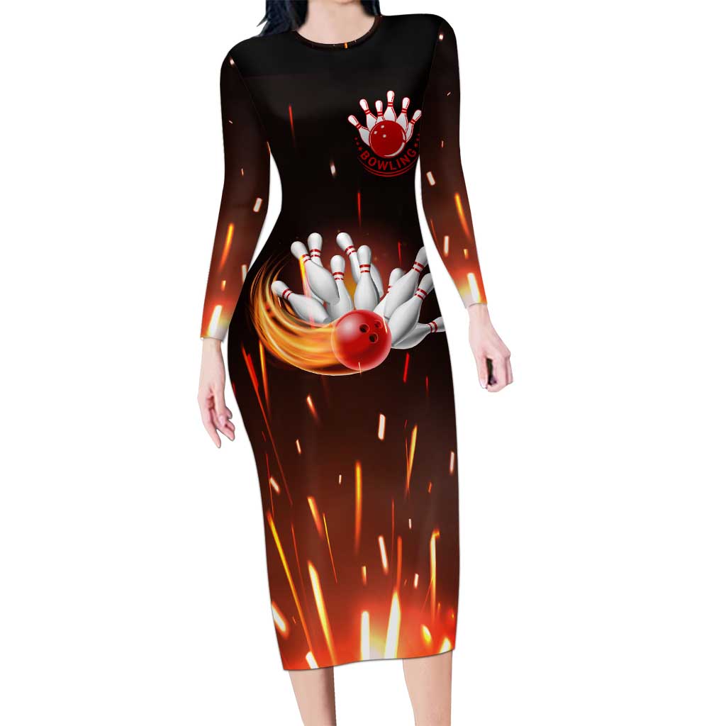 Personalized Bowling Ball and Pins Long Sleeve Bodycon Dress Fiery Motion Trail and Spark Effect Design - Wonder Print Shop