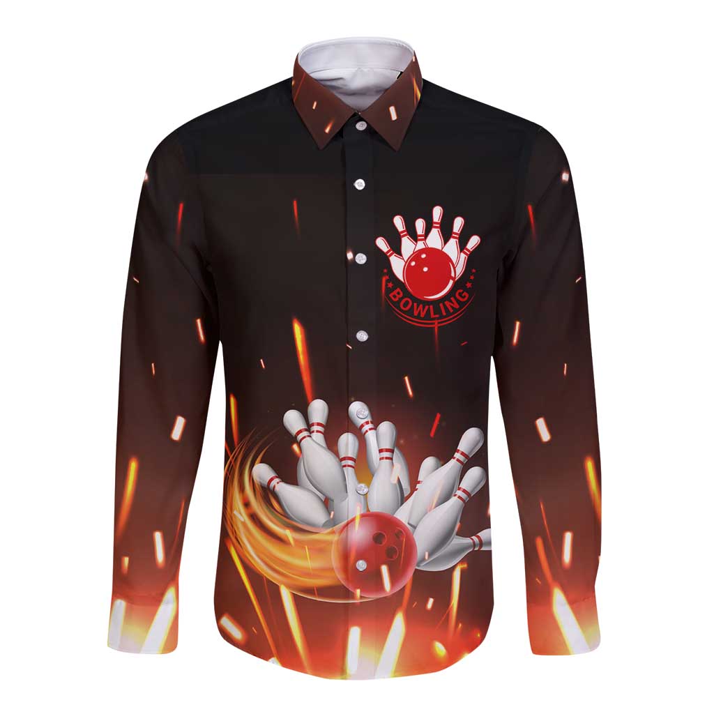 Personalized Bowling Ball and Pins Long Sleeve Button Shirt Fiery Motion Trail and Spark Effect Design - Wonder Print Shop