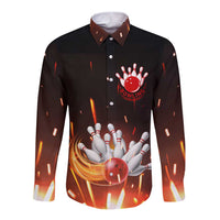 Personalized Bowling Ball and Pins Long Sleeve Button Shirt Fiery Motion Trail and Spark Effect Design - Wonder Print Shop