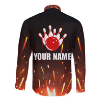 Personalized Bowling Ball and Pins Long Sleeve Button Shirt Fiery Motion Trail and Spark Effect Design - Wonder Print Shop