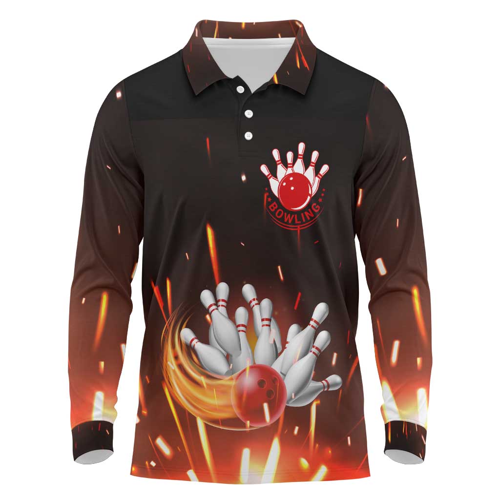 Personalized Bowling Ball and Pins Long Sleeve Polo Shirt Fiery Motion Trail and Spark Effect Design - Wonder Print Shop