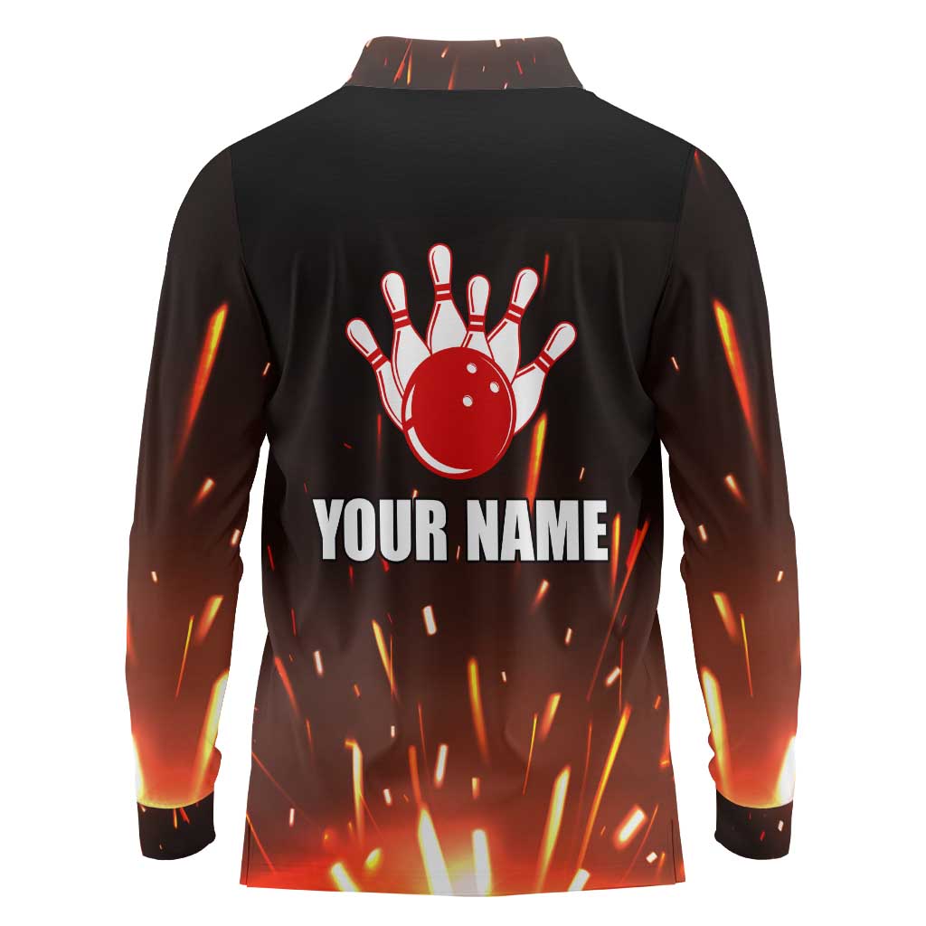 Personalized Bowling Ball and Pins Long Sleeve Polo Shirt Fiery Motion Trail and Spark Effect Design - Wonder Print Shop