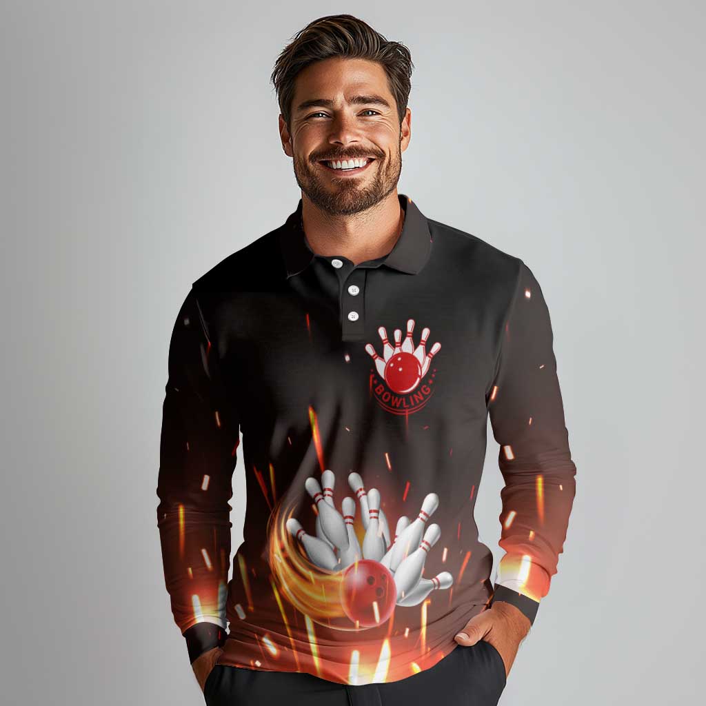 Personalized Bowling Ball and Pins Long Sleeve Polo Shirt Fiery Motion Trail and Spark Effect Design - Wonder Print Shop