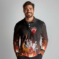 Personalized Bowling Ball and Pins Long Sleeve Polo Shirt Fiery Motion Trail and Spark Effect Design - Wonder Print Shop