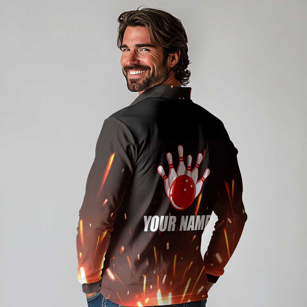 Personalized Bowling Ball and Pins Long Sleeve Polo Shirt Fiery Motion Trail and Spark Effect Design - Wonder Print Shop