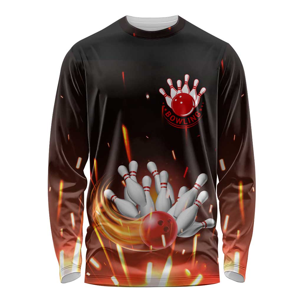Personalized Bowling Ball and Pins Long Sleeve Shirt Fiery Motion Trail and Spark Effect Design - Wonder Print Shop