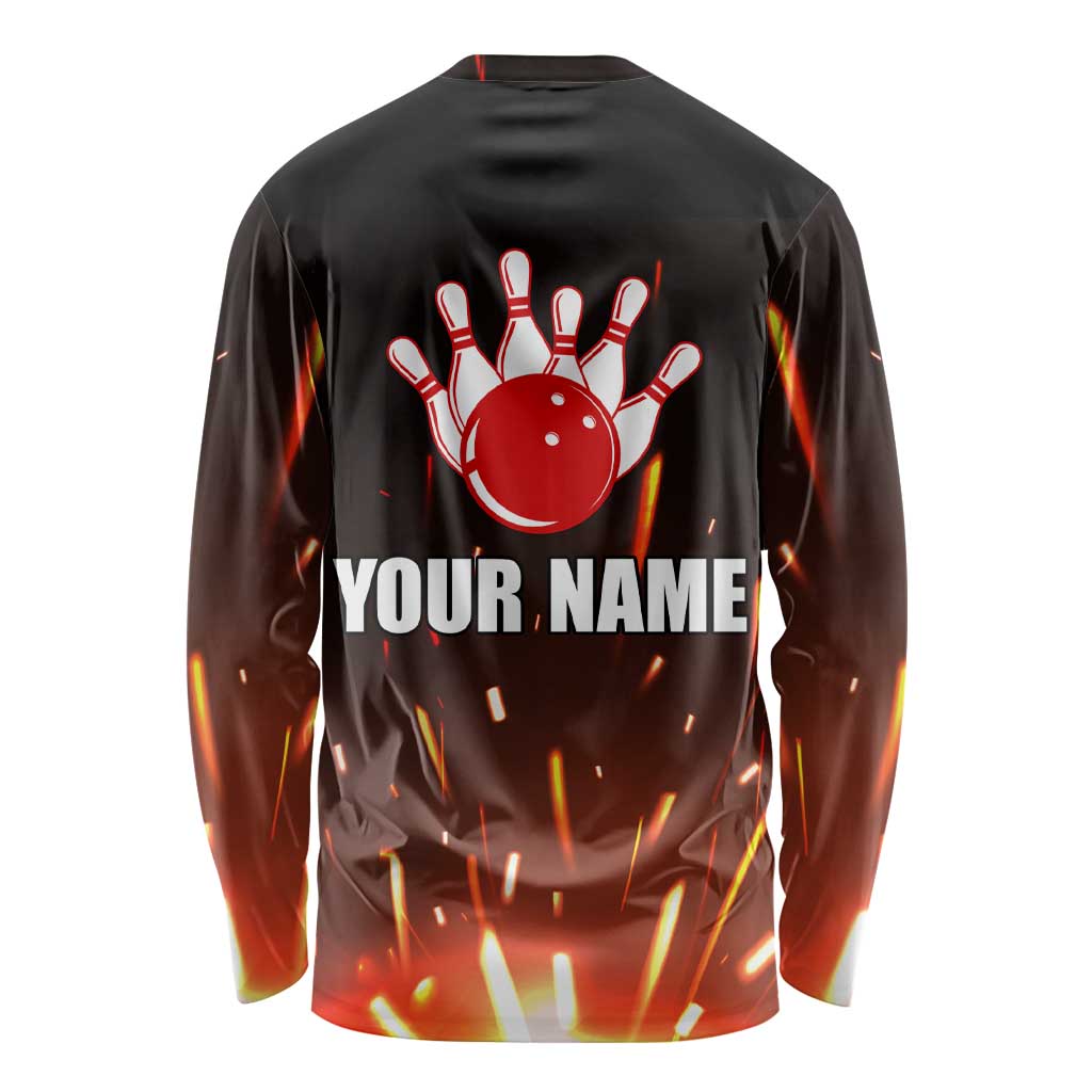 Personalized Bowling Ball and Pins Long Sleeve Shirt Fiery Motion Trail and Spark Effect Design - Wonder Print Shop