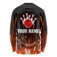 Personalized Bowling Ball and Pins Long Sleeve Shirt Fiery Motion Trail and Spark Effect Design - Wonder Print Shop