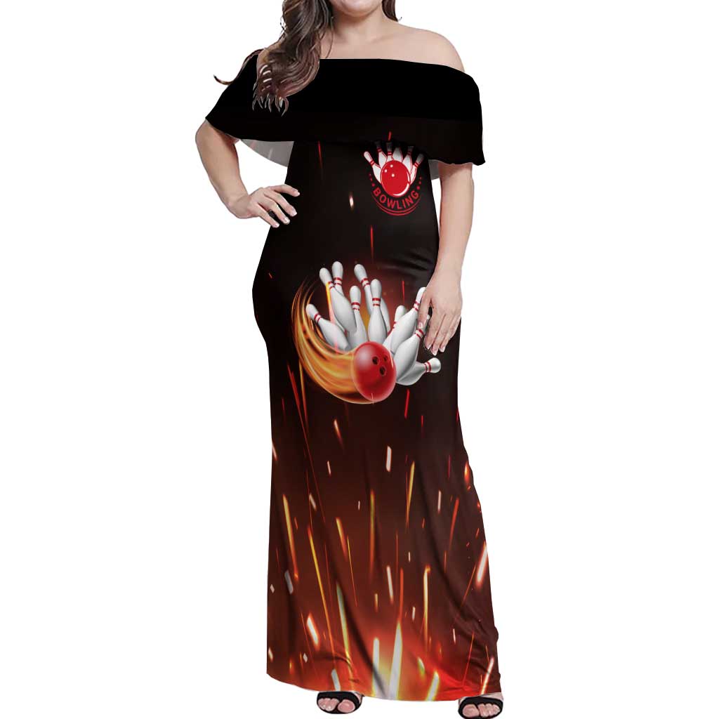 Personalized Bowling Ball and Pins Off Shoulder Maxi Dress Fiery Motion Trail and Spark Effect Design - Wonder Print Shop