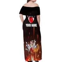 Personalized Bowling Ball and Pins Off Shoulder Maxi Dress Fiery Motion Trail and Spark Effect Design - Wonder Print Shop
