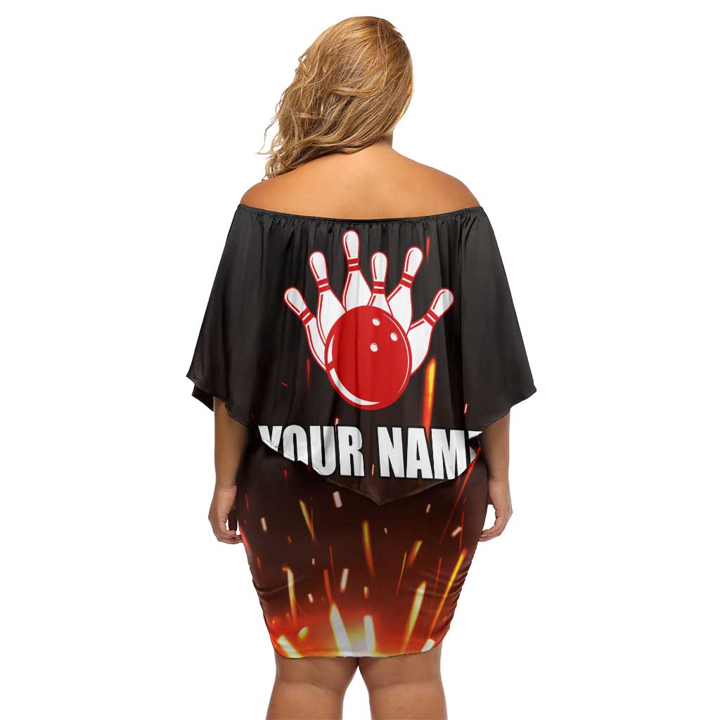 Personalized Bowling Ball and Pins Off Shoulder Short Dress Fiery Motion Trail and Spark Effect Design - Wonder Print Shop