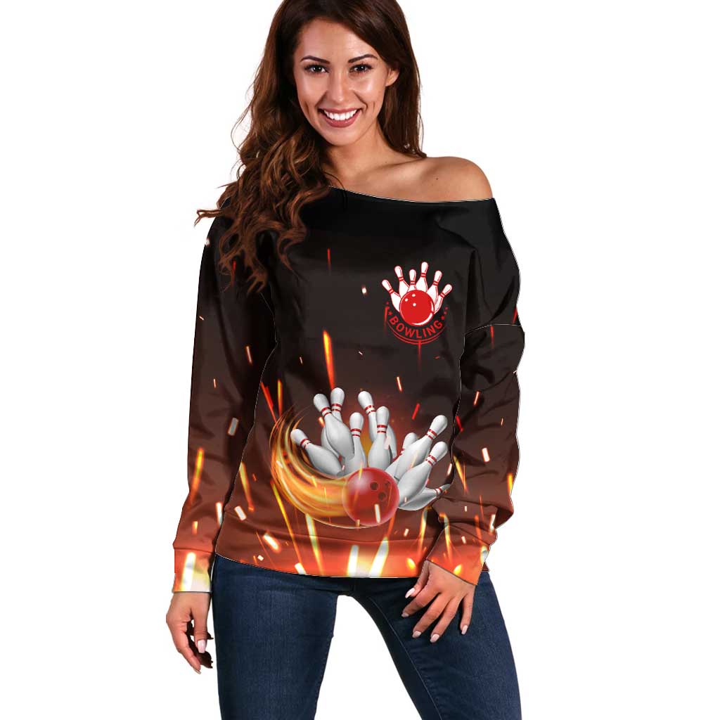 Personalized Bowling Ball and Pins Off Shoulder Sweater Fiery Motion Trail and Spark Effect Design - Wonder Print Shop
