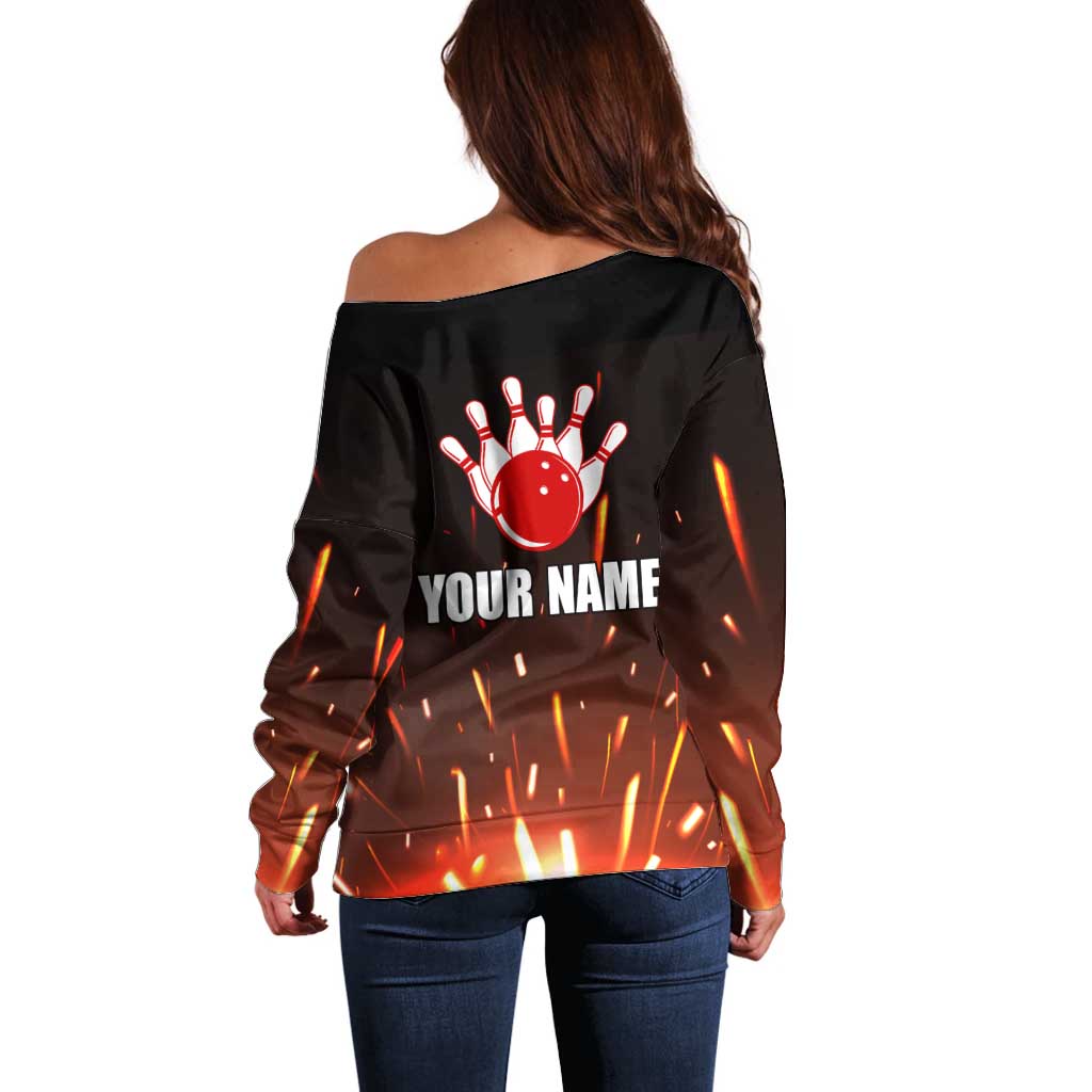 Personalized Bowling Ball and Pins Off Shoulder Sweater Fiery Motion Trail and Spark Effect Design - Wonder Print Shop